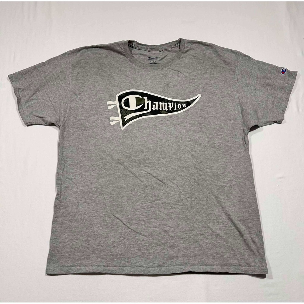Champion Mens Pennant Graphic T-Shirt Gray Camo Logo Tee 2XL